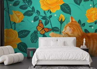  A kitten playing with a butterfly near a rose bush Wall mural