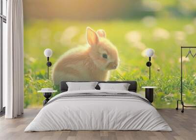  A rabbit nibbling on grass among daisies Wall mural