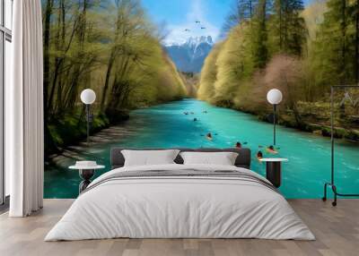 Kayak tour on a river with clear water in the Alps Wall mural