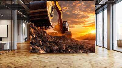 Sunset Excavation: Heavy Machinery at Work Wall mural