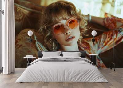 70s Chic: Woman in Orange Shirt Posing on a Vintage Fashion Sofa Wall mural