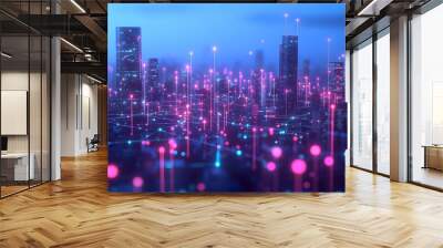 A futuristic city skyline illuminated by glowing pink and blue network connections, showcasing digital communication and technology systems. Wall mural