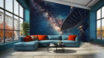 A radio telescope dish with a stunning galactic background, capturing the essence of space observation and astronomical research. Wall mural