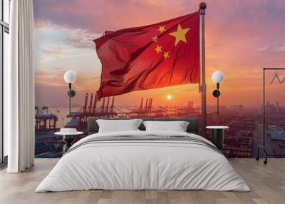 China's flag over a bustling port with gleaming dusk light Wall mural