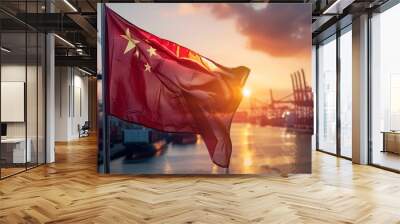 China's flag over a bustling port with gleaming dusk light Wall mural