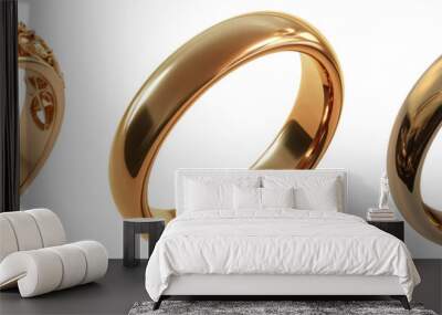 Elegant golden wedding rings set isolated on transparent background with luxurious shiny design Wall mural