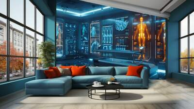 Futuristic medical examination with a holographic human body in a high-tech lab Wall mural