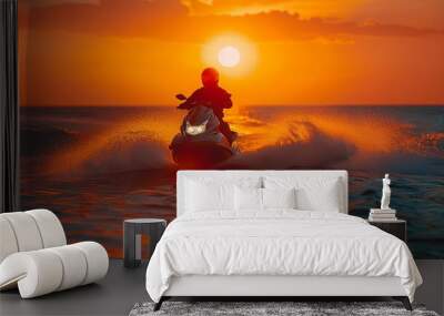 Solitary jet ski adventure in vibrant ocean hues at golden hour Wall mural