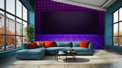 New retro wave virtual background with a wide video wall. A TV backdrop Ideal for cyber, tech shows, or futuristic events. 3D render suitable on VR tracking systems with green screen Wall mural