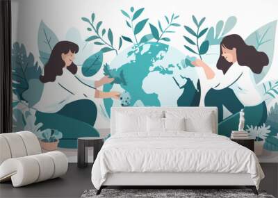 A flat vector illustration shows two women planting trees on Earth Wall mural