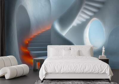 spiral_stairwell_with_orange_light_in_white_room Wall mural