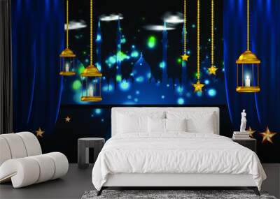 Eid mubarak arabesque pattern design with hanging lanterns and happy holiday  Wall mural