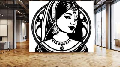 Indian bride black and white line drawing clip art. Indian wedding clip art of bride in traditional wedding dress, and jewellery, black and white clip art symbol. Indian women symbol line art. Wall mural