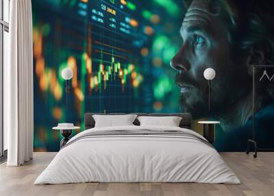 An executive style person look seriously at green digital graphic about business or economic growth Wall mural