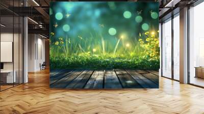 Lush grass and bush in garden with wood plank floor and fireflies at night, summer and spring time theme background. Wall mural