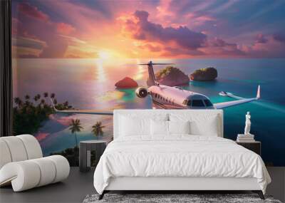 luxury private jet plane flying above the tropical island at sunset Wall mural