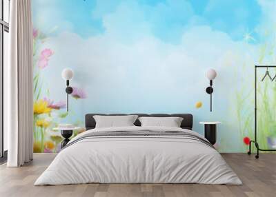 meadow with flowers and blue bright sky Wall mural