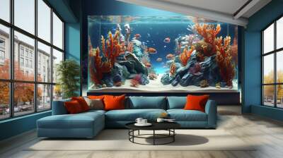 square glass aquarium and fish life Wall mural