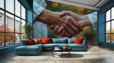 AI generated image of a handshake between two people, senior man or doctor and a young male Wall mural