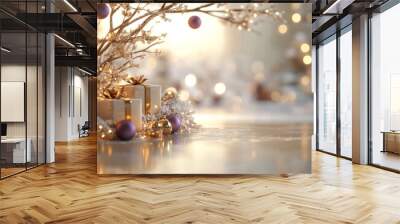 Christmas podium with blurry shiny lights for branding and packaging presentation. Product display with gift boxes, christmas tree, gold purple balls Wall mural