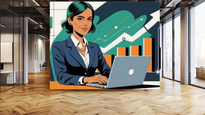 Businesswoman  blue suit  laptop  orange  green  business success  growth  financial prosperity    Wall mural