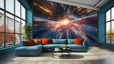 motion view forward in space tunnel of colorful lines, space travel concept Wall mural