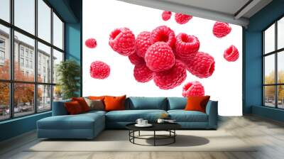 Set of raspberry floating isolated on white background, transparent background Wall mural