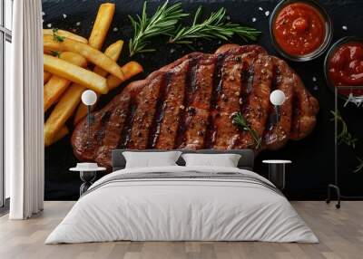 tasty grilled organic beef steak with french fries top view with barbecue sauce Wall mural