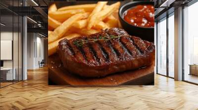 tasty grilled organic beef steak with french fries top view with barbecue sauce Wall mural