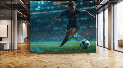 woman playing football at stadium, abstract woman soccer banner background Wall mural