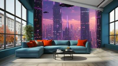 Awe-Inspiring Futuristic City Skyline at NightPurple Hues and Flying Vehicles Wall mural