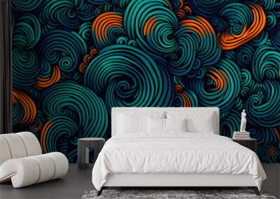 A colorful abstract painting of waves with a blue and orange floral swirl. The painting is full of energy and movement Wall mural