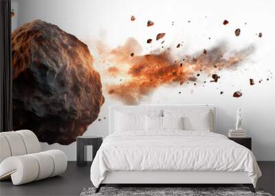 A fiery asteroid hurtles through space, leaving a trail of smoke and debris. Wall mural