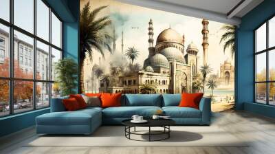 Beautiful watercolor painted Mosque at night illustration with palm trees landscape wallpaper Wall mural