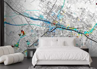 Colored City Map with Road Network, Detailed pointed map illustration Wall mural