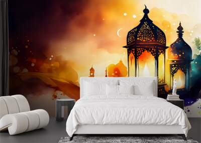 Eid Mubarak Lantern Lamp, dates, fruits Bokeh Landscape Background Wall mural