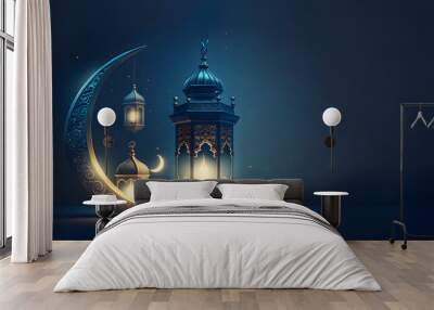 Lanterns stands in the desert at night sky, lantern islamic Mosque, crescent moon Ramadan Kareem themed illustration background Wall mural