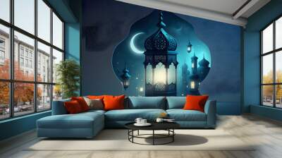 Lanterns stands in the desert at night sky, lantern islamic Mosque, crescent moon Ramadan Kareem themed illustration background Wall mural