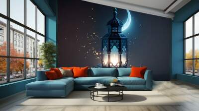 Lanterns stands in the desert at night sky, lantern islamic Mosque, crescent moon Ramadan Kareem themed illustration background Wall mural