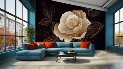 Luxury golden rose flower line art background vector. Natural botanical elegant flower with gold line art, Generative AI Wall mural