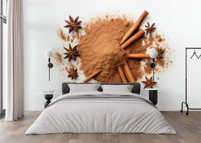 Raw cinnamon and powder burst top view isolated on white Wall mural