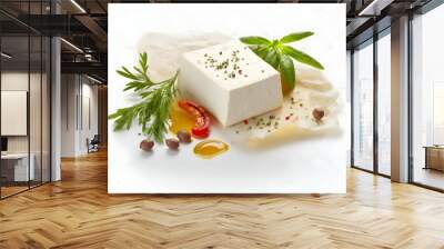 Soft greek feta cheese isolated, Tasty feta cheese with herbs and tomato on white background Wall mural