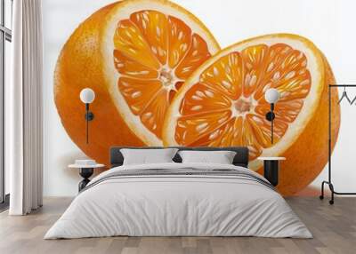 Two halves of an orange, showing the juicy flesh and seeds. Wall mural