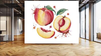 Watercolor painting of juicy peaches with splashes of color. Wall mural