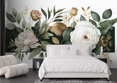 Watercolor white peonies buds, golden floral frames isolated on white Wall mural