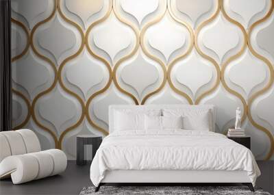 White geometric floral leaves 3D tiles wall texture background, Elegant white and gold 3D embossed creative pattern Wall mural