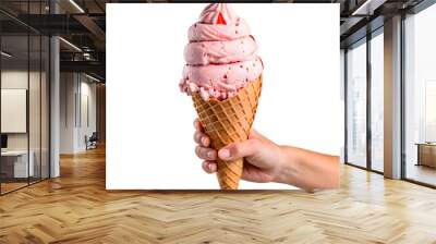 Hand Holding Strawberry Ice Cream cone isolated on transparent background Wall mural