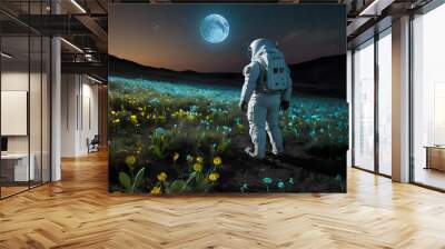 astronaut walking in a field of flowers at night with a full moon Wall mural