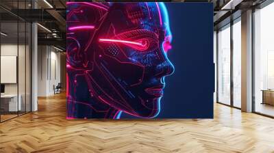 Side view of an AI head with intricate neon lines outlining its sleek design Wall mural