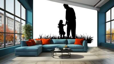 Vector silhouette of grandfather with his granddaughter walks in the grass on white background. Symbol of family, care, love, nature, park, garden. Wall mural